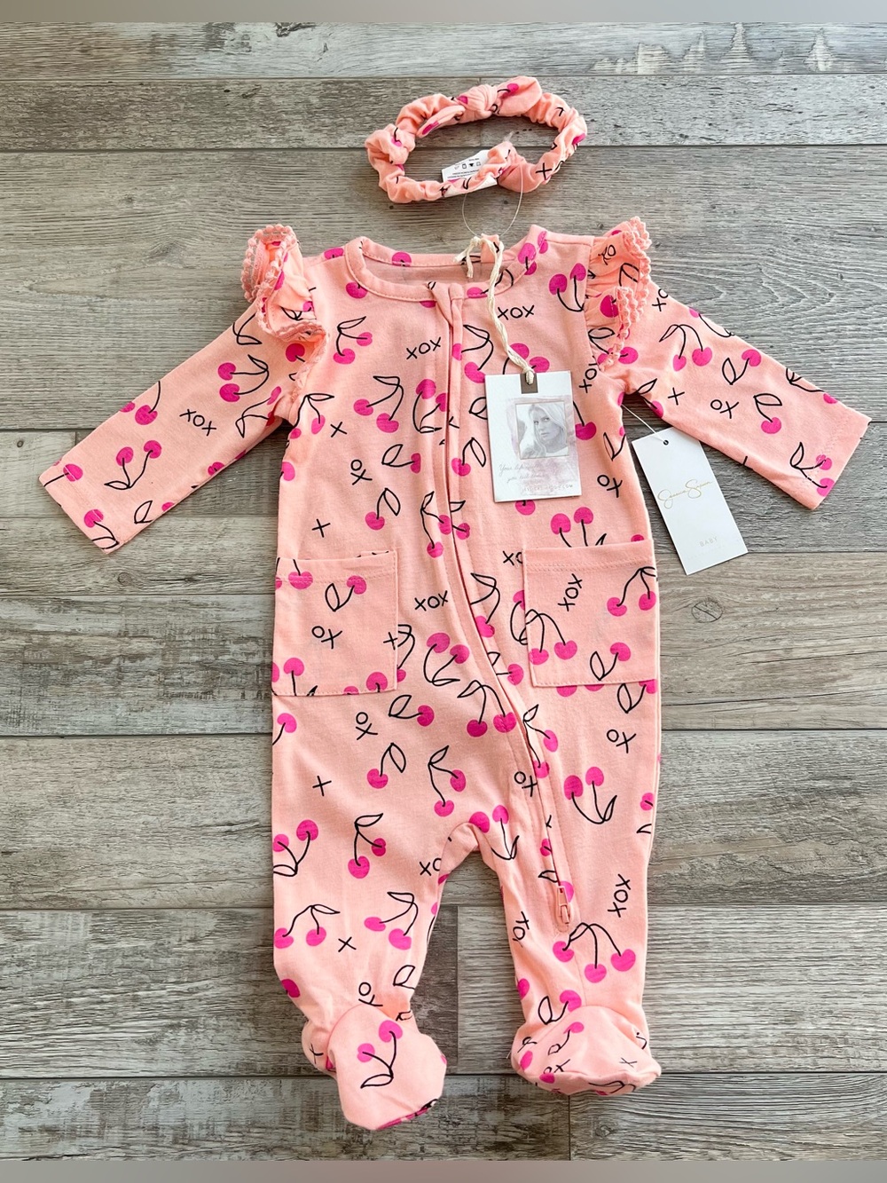 NWT Jessica Simpson Baby Girls Cherries Pajamas and Headband Size 0/3 Months